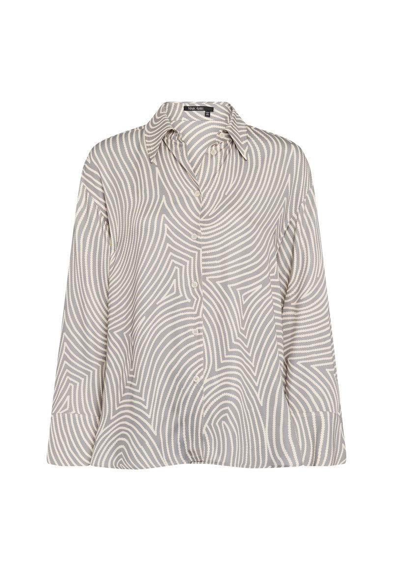 Long-sleeve shirt in light gray with a wavy, white pattern. Features a collared neck and button closure, made from a smooth fabric.