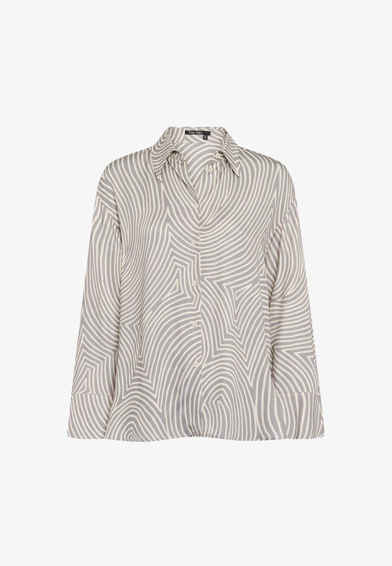 Long-sleeve shirt in light gray with a wavy, white pattern. Features a collared neck and button closure, made from a smooth fabric.