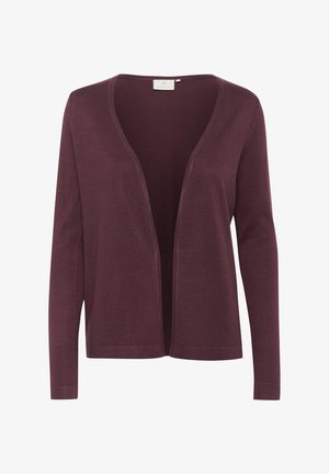 Burgundy cardigan made of soft knit fabric, featuring a deep V-neck, long sleeves, and open front design with ribbed cuffs and hem.