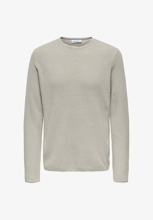 Long-sleeved pullover sweater in light gray with a textured knit pattern. Features a rounded neckline and ribbed cuffs.