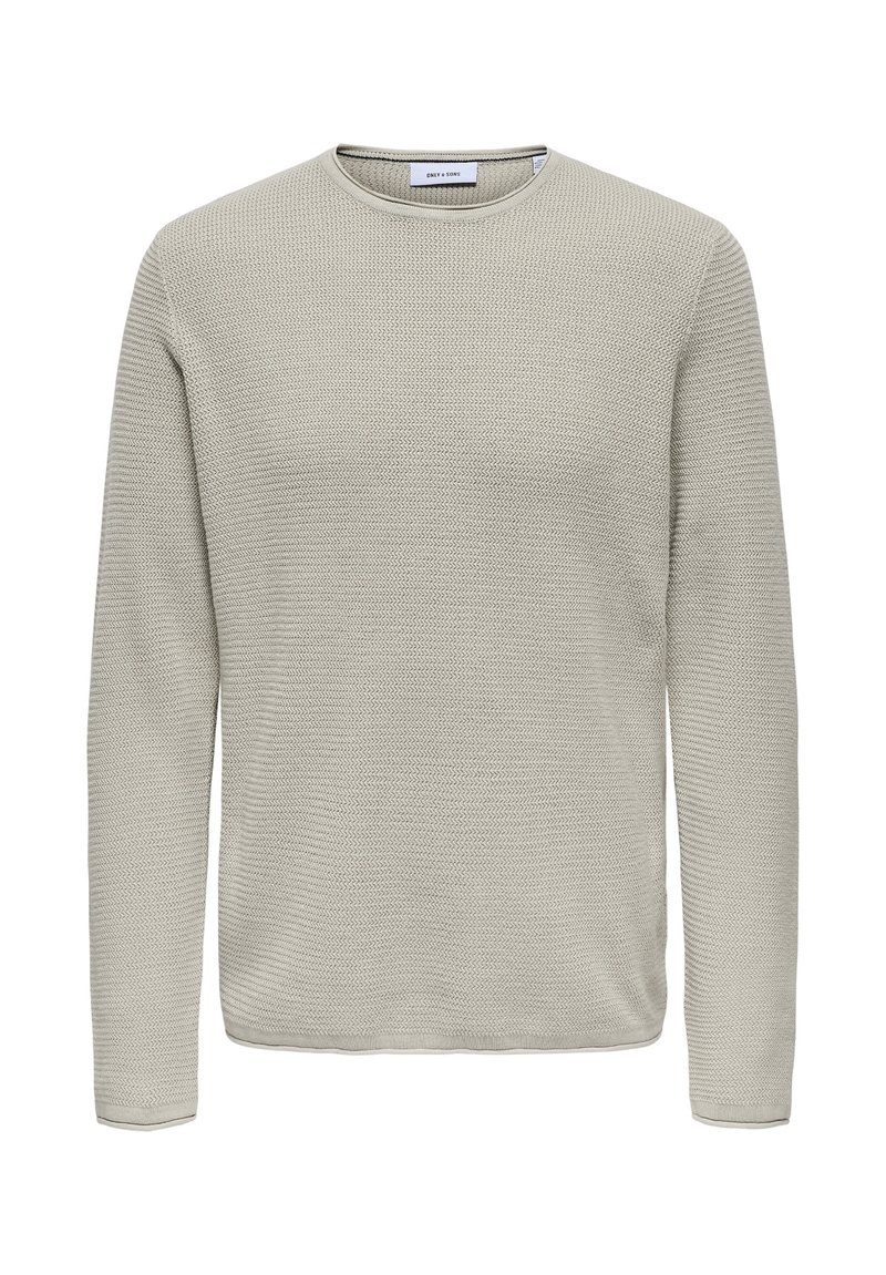 Langärmeliger Pullover in Hellgrau mit strukturiertem Strickmuster. Ausgestattet mit einem runden Halsausschnitt und gerippten Bündchen.