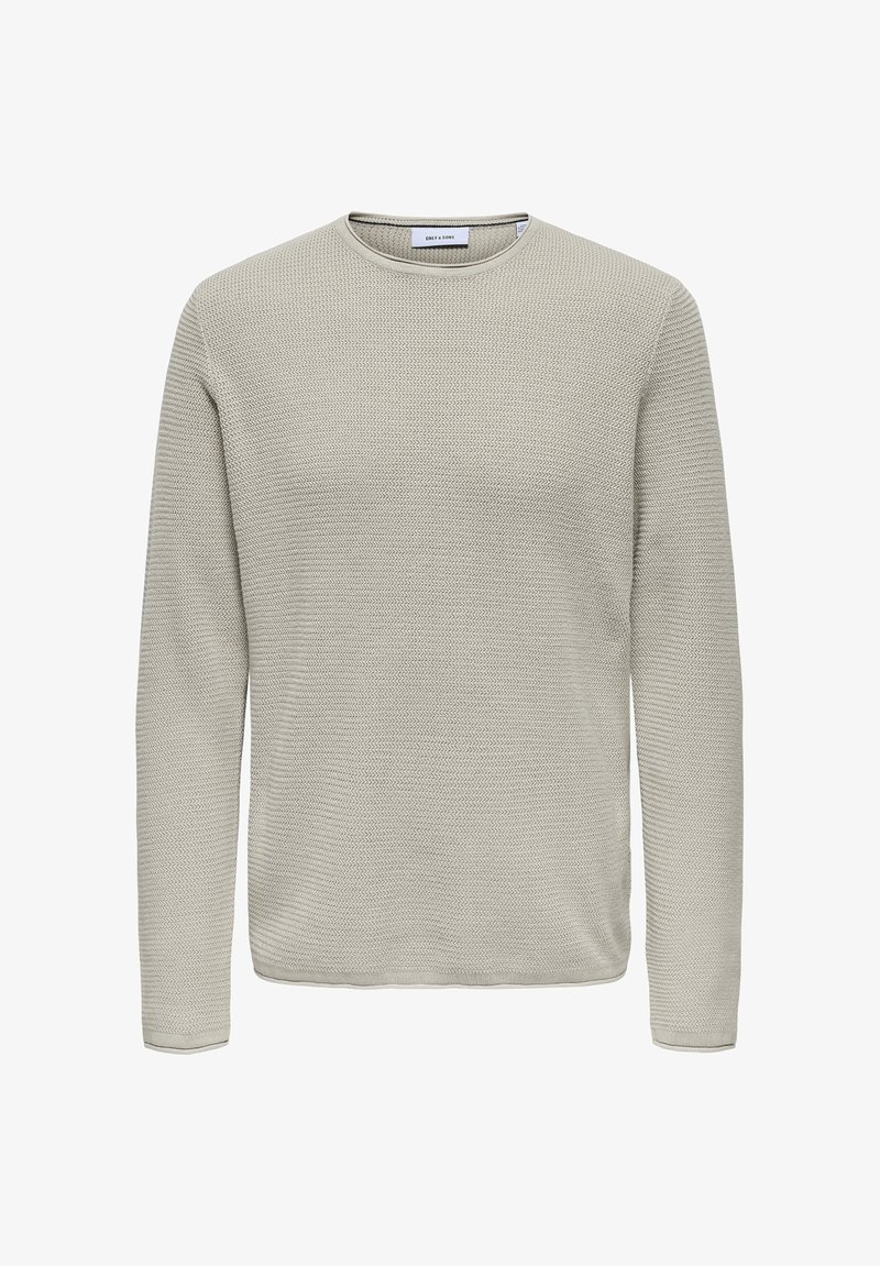 Langärmeliger Pullover in Hellgrau mit strukturiertem Strickmuster. Ausgestattet mit einem runden Halsausschnitt und gerippten Bündchen.