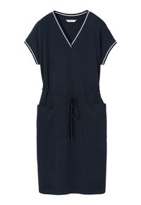 Robe bleu marine à manches courtes avec col en V, bordure blanche sur le col et les manches, ceinture à la taille et deux poches avant.