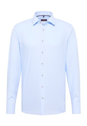 Light blue long-sleeve shirt in smooth fabric featuring a standard collar, button-down front with shiny silver buttons, and tailored fit.