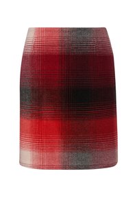 Czerwona i czarna spódnica w kratę typu A, wykonana z tkaniny, o gładkiej fakturze i delikatnie zaokrąglonym brzegu u dołu.