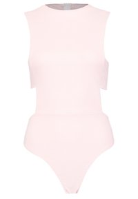 Bodysuit rosa claro con un cuello redondo alto y diseño sin mangas. Tela suave y elástica con una forma ajustada y corte de tanga en la parte inferior.