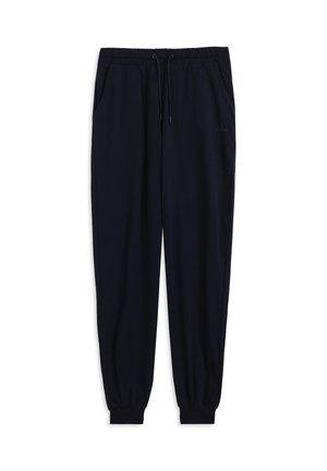 Pantaloni jogging blu navy realizzati in tessuto morbido; dotati di una cintura elastica, coulisse, tasche laterali e polsini affusolati alle caviglie.