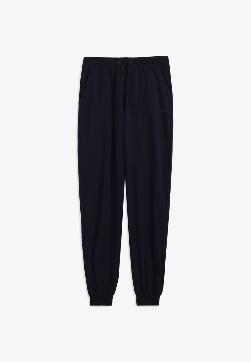 Pantalones jogger azul marino hechos de tela suave; cuentan con cintura elástica, cordón ajustable, bolsillos laterales y puños entallados en los tobillos.