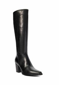 Black leather knee-high boot with a pointed toe, block heel, and smooth texture, featuring minimal stitching and a sleek, streamlined design.