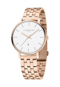 Roze gouden polshorloge met een metalen schakelband, witte ronde wijzerplaat, minimalistisch ontwerp, met dunne uurmarkeringen en een datumaanduiding op zes uur.