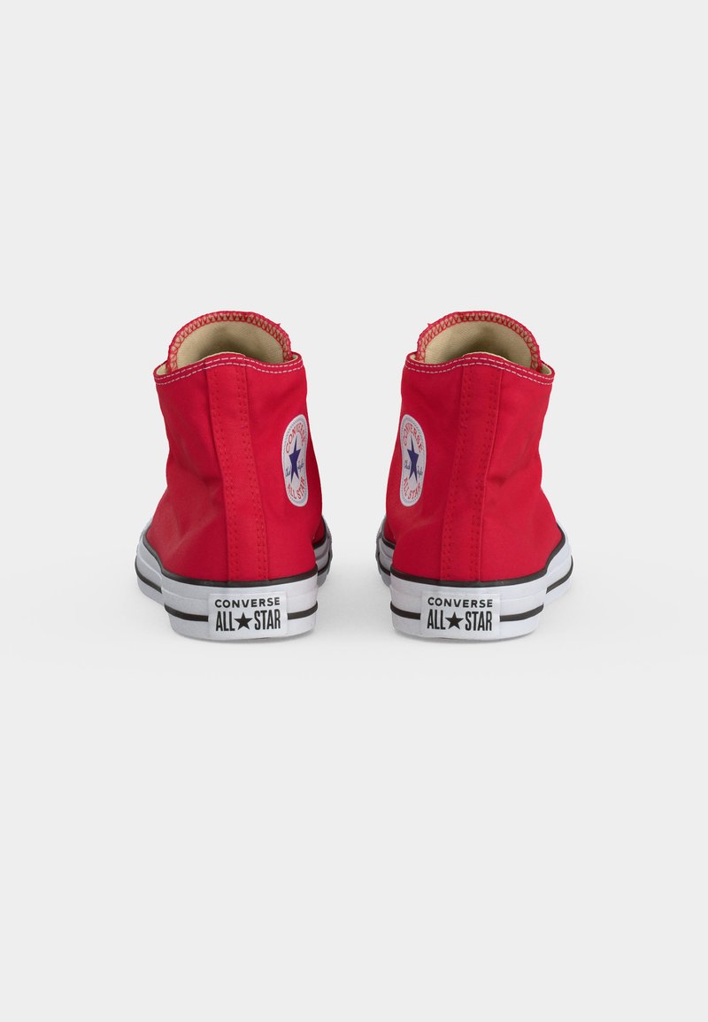 Coppia di sneakers alte rosse Converse All Star viste da dietro su sfondo bianco.