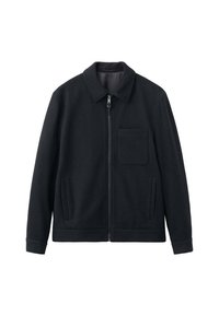 Chaqueta negra con cremallera hecha de un tejido similar a la lana. Cuenta con cuello, un bolsillo en el pecho y bolsillos laterales, con un forro interior suave.