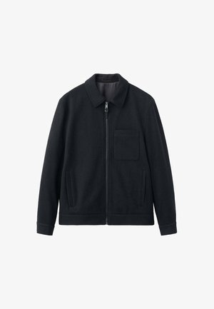 Black zippered jacket made of wool-like fabric. Features a collared neck, single chest pocket, and side pockets, with a smooth inner lining.