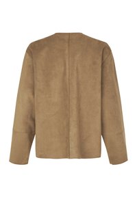 Brązowy zamszowy top o luźnym kroju, z okrągłym dekoltem i długimi rękawami. Posiada centralny szew na plecach i minimalistyczny design.