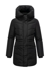 Black padded winter coat with high collar, long sleeves, and hidden front zipper closure.