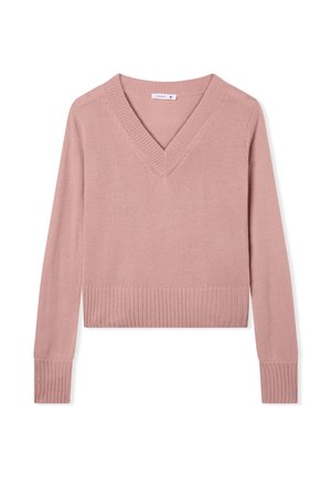 Pullover lavorato a maglia rosa con scollatura a V, orlo e polsini a costine. Caratterizzato da maniche lunghe e un design cropped. Texture liscia con una finitura semplice.