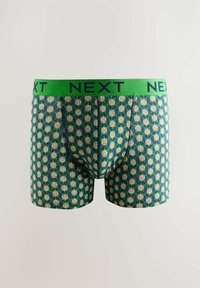 Gemusterte Boxershorts aus dehnbarem Material. Mit einem grünen Bund, auf dem das "NEXT"-Logo prangt, und einem blau-grünen Schildkrötenmuster.