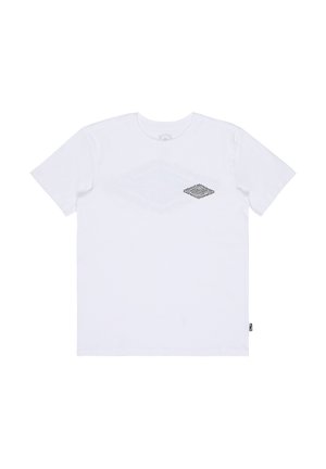 Wit T-shirt met korte mouwen en ronde hals, met een klein zwart-grijs ruitvormig logo op de linkerborst.