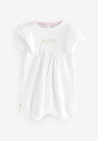 Romper bianco a maniche corte con maniche arricciate, vita arricciata e un piccolo dettaglio a fiocco. Presenta il testo dorato "BAKER BY TED BAKER". Tessuto morbido.