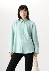 Camicia button-up verde menta chiaro con colletto, vestibilità rilassata, maniche lunghe e una texture morbida, abbinata a pantaloni neri e un accessorio color crema.