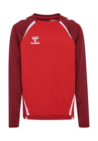 Rotes Sporthemd mit langen Ärmeln und strukturiertem Finish. Mit weißen Akzentstreifen und einem Logo auf der Brust. Raglanärmel in einem dunkleren Farbton.