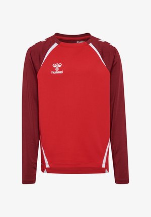 Maglietta sportiva rossa a maniche lunghe con finitura testurizzata. Presenta strisce decorative bianche e un logo sul petto. Maniche raglan di una tonalità più scura.