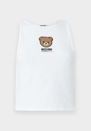 Weißes ärmelloses Shirt mit braunem Teddybär-Gesicht und dem Aufdruck "Moschino Underbear" auf der Brust.