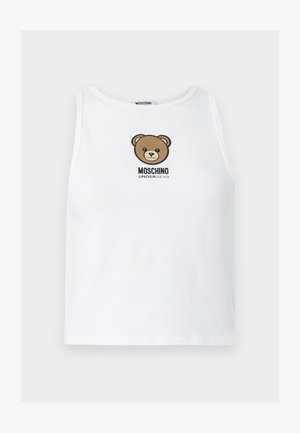 Maglia bianca senza maniche con il volto di un orsetto marrone e la scritta "Moschino Underbear" stampata sul petto.
