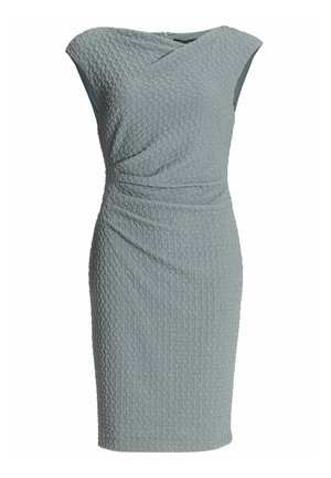 Ärmelloses, knielanges, hellblaues Kleid mit Struktur, einer taillierten Silhouette und dezenten Drapierungen an Taille und Ausschnitt.