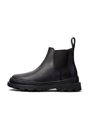 Bottines Chelsea en cuir noir avec panneaux élastiques sur les côtés, languette de tirage et semelle robuste. Design simple avec une texture lisse et des coutures contrastantes.