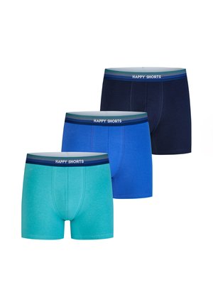 Drei Herren-Boxershorts in Türkis, Königsblau und Marineblau, jeweils mit einem gestreiften Bund mit der Aufschrift „HAPPY SHORTS“.