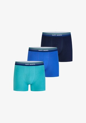 Drei Herren-Boxershorts in Türkis, Königsblau und Marineblau, jeweils mit einem gestreiften Bund mit der Aufschrift „HAPPY SHORTS“.