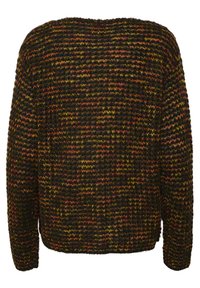 Maglione lavorato a maglia di colore marrone scuro con strisce orizzontali arancioni, gialle e verdi; texture morbida e silhouette ampia.