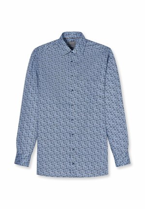 Blauw overhemd met lange mouwen, knoopsluiting, een klein donker bloemmotief en een klassieke kraag, plat neergelegd op een witte achtergrond.