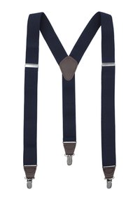 Granatowe elastyczne szelki z teksturowaną tkaniną, z brązowymi skórzanymi akcentami i srebrnymi metalowymi klipsami do mocowania.