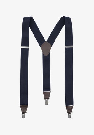 Granatowe elastyczne szelki z teksturowaną tkaniną, z brązowymi skórzanymi akcentami i srebrnymi metalowymi klipsami do mocowania.