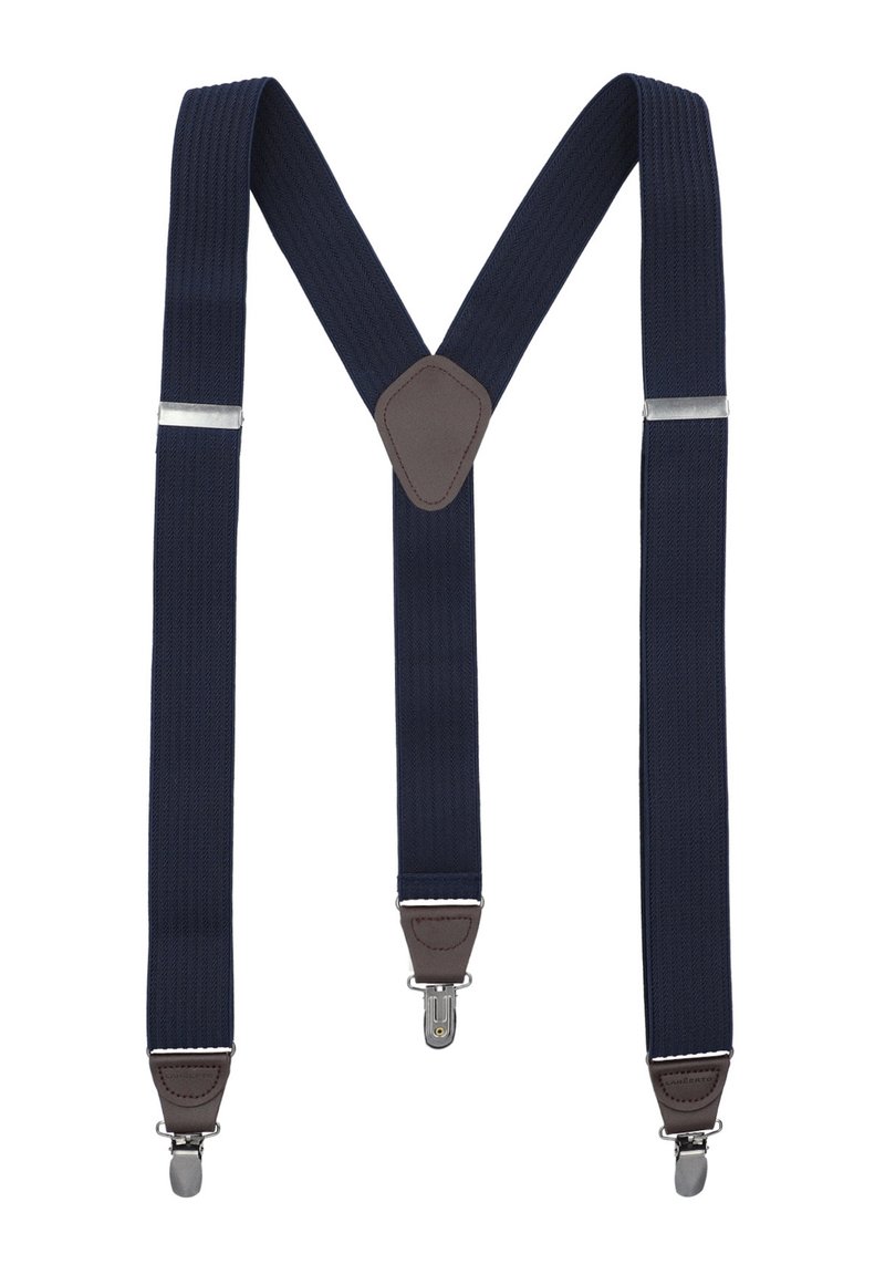 Granatowe elastyczne szelki z teksturowaną tkaniną, z brązowymi skórzanymi akcentami i srebrnymi metalowymi klipsami do mocowania.