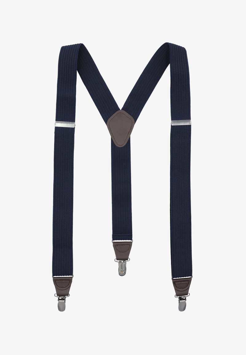 Granatowe elastyczne szelki z teksturowaną tkaniną, z brązowymi skórzanymi akcentami i srebrnymi metalowymi klipsami do mocowania.