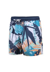 Short de bain homme avec taille élastique et cordon blanc, présentant un motif multicolore de feuilles tropicales dans des tons bleu, orange et marine.