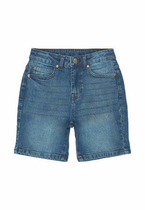 Pantalones cortos de mezclilla en un azul medio con un diseño clásico de cinco bolsillos, costuras visibles y un cierre de botón en la cintura.