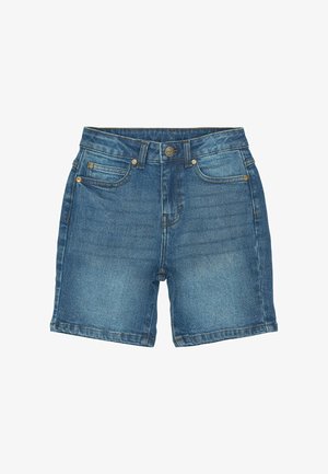 Pantalones cortos de mezclilla en un azul medio con un diseño clásico de cinco bolsillos, costuras visibles y un cierre de botón en la cintura.