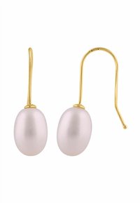 Kolczyki na haczyku w kolorze złota z owalnymi różowymi perłami o gładkiej fakturze i delikatnym połysku, ozdobione złotą górną częścią.