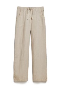 Pantaloni beige a gamba larga realizzati in lino leggero, con fascia elastica in vita, chiusura a cordoncino e due tasche laterali.
