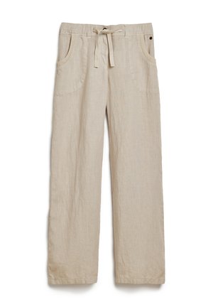 Beżowe, szerokie spodnie wykonane z lekkiego lnu, z elastycznym pasem, z zamknięciem na sznurek oraz dwoma bocznymi kieszeniami.
