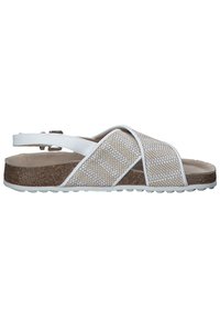 White slip-on sandal with woven beige upper and a cork footbed. Features arch support, a textured sole, and adjustable slingback strap.
