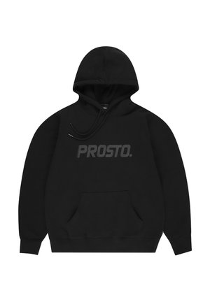 Czarna bluza z kapturem i kieszenią kangurką, z matowym czarnym logo "PROSTO." na klatce piersiowej oraz regulowanymi sznurkami w kapturze.