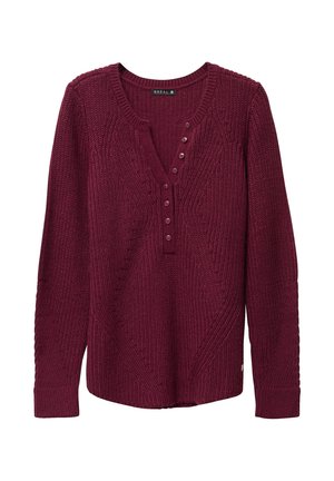Maglione a maglia bordeaux con scollatura a V, pattina con bottoni, motivo testurizzato e maniche lunghe con polsini a coste. Accentuato da cuciture sottili.