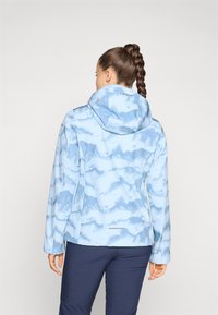 Blue, hooded jacket with a cloud-like print pattern. Made from soft material, featuring long sleeves and a relaxed fit.