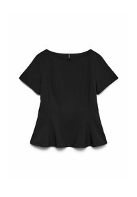 Melns īsroku pepluma tops ar platām apkaklēm un strukturētām šuvēm, ar viegli izplešamu apakšmalu un gludu auduma tekstūru.