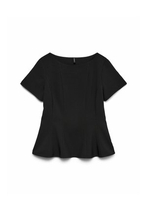 Must lühikeste varrukatega peplum-pluus laia kaelusega ja struktureeritud õmblustega, millel on veidi kõrvitsja kujuga ääre ja sileda kangapinnaga.